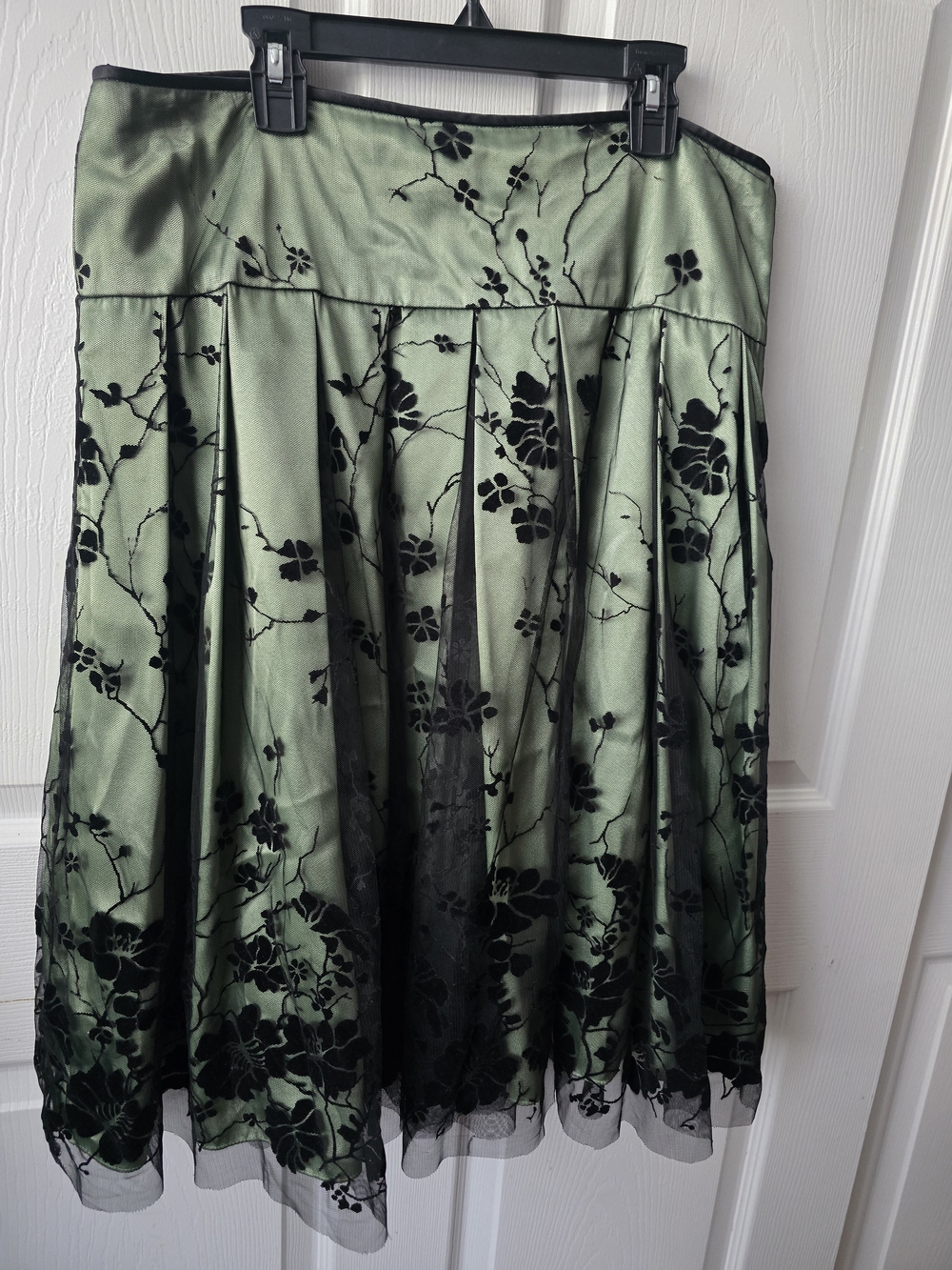 Adrianna Papell Green Satin Skirt with Black Floral Velvet Overlay